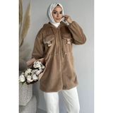 Julude Gülseli Kadın Kapüşonlu Tesettür Peluş Mont P-00019080 - Bisküvi - XL