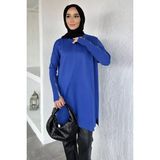 Julude Gülseli Kol Fermuar Detaylı Tesettür Triko Tunik P-00020679 - Saks Mavi - Standart