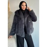 Julude Iç Astarlı Çift Cepli Kürklü Tesettür Mont P-00019456 - Koyu Gri - 38