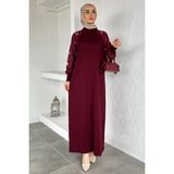 Julude Kollar Taş Işlemeli Tesettür Triko Elbise P-00020954 - Bordo - Standart