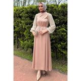 Julude Kolları Güpürlü Taşlı Bel Bağcıklı Tesettür Saten Abiye Elbise P-00016257 - 36 - Bej
