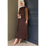 Julude Kolları Güpürlü Taşlı Bel Bağcıklı Tesettür Saten Abiye Elbise P-00016257 - 36 - Kahve