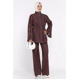Julude Ön Fermuarlı ve Düğmeli Bel Bağlamalı Jean Kot Ceket Pantolon Tesettür Ikili Takım P-00022681 - 36 - Bordo