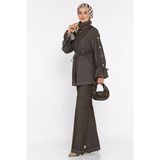 Julude Ön Fermuarlı ve Düğmeli Bel Bağlamalı Jean Kot Ceket Pantolon Tesettür Ikili Takım P-00022681 - 36 - Kahve