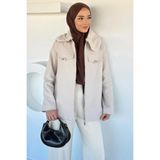 Julude Yaka Peluşlu Taş Işlemeli Tesettür Kaban P-00020117 - Krem - 46