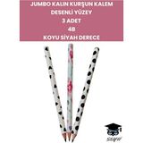 Jumbo Kalın Kurşun Kalem 3 Adet Desenli Yüzey Koyu Siyah Derece 4B Gri Renkli