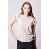 Jument Kadın İpeksi Kumaş Geniş Sıfır Yaka Kısa Kol Tshirt Bluz-Bej
