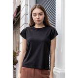 Jument Kadın İpeksi Kumaş Geniş Sıfır Yaka Kısa Kol Tshirt Bluz-Siyah