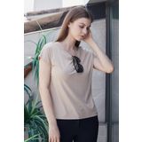 JUMENT Kadın Kayık Yaka Düşük Omuzlu Kırışmaz Span Karışımlı Şık T-shirt Bluz-Koyu Bej