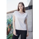 JUMENT Kadın Kayık Yaka Düşük Omuzlu Kırışmaz Span Karışımlı Şık T-shirt Bluz-Şampanya
