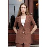 Jument Kadın Likrasız Keten Görünümlü Kumaş Yakalı Flato Cepli Kısa Kol Blazer Ceket-Kahve - 44