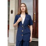 Jument Kadın Likrasız Keten Görünümlü Kumaş Yakalı Flato Cepli Kısa Kol Blazer Ceket-Lacivert - 42
