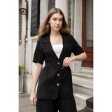 Jument Kadın Likrasız Keten Görünümlü Kumaş Yakalı Flato Cepli Kısa Kol Blazer Ceket-Siyah - 36