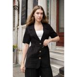 Jument Kadın Likrasız Keten Görünümlü Kumaş Yakalı Flato Cepli Kısa Kol Blazer Ceket-Siyah