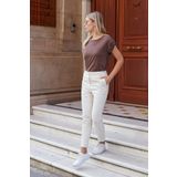 Jument Kadın Modal Penye Geniş Sıfır Yaka Düşük Omuzlu Apoletli Kısa Kol T-shirt Bluz-Kahve
