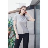 JUMENT Kadın Sıfır Yaka Kırışmaz Span Karışımlı Şık Kısa Kol Likralı T-shirt Bluz-Gri