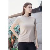 JUMENT Kadın Sıfır Yaka Kırışmaz Span Karışımlı Şık Kısa Kol Likralı T-shirt Bluz-Koyu Bej