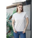 JUMENT Kadın Sıfır Yaka Kırışmaz Span Karışımlı Şık Kısa Kol Likralı T-shirt Bluz-Şampanya