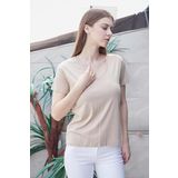 JUMENT Kadın V Yaka Kısa Kol Likralı Span Kumaş Şık T-shirt Bluz-Koyu Bej
