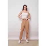 JUMENT Keten Yüksek Bel Pileli Beli Lastikli Kemerli Boyfriend Pantolon-Camel