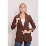 Jument Yakalı Cepli Uzun Kol Kolu İsterse Katlanabilen Pamuklu Kumaş Blazer Ofis Ceket-Kahve - 42