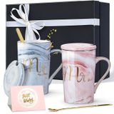 Jumway Mr and Mrs Kahve Kupaları - Düğün Hediyesi - Bay ve Bayan Kupa Seti - Gelin ve Damat için - Gelin Duşu, Nişan Düğün ve Evli Çiftler Yıldönümü için Hediye - Seramik Mermer Kupalar 396 ml