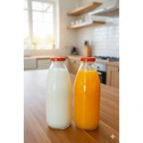 JUNIBELIW 2 Adet Boş Cam Şişe Büyük Meyve Suyu Ayran Süt Su Şişesi Plastik Kapaklı 2X1000CC(1 Litre)