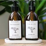 JUNİBELİW 3lü Set Beyaz Etiket Amber Cam Şişe BOŞ Bulaşık Deterjanlık Sıvı Sabunluk 2X250ML+ Beyaz Altlık