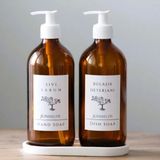 JUNİBELİW 3lü Set Beyaz Etiket Beyaz Pompa Amber Cam Şişe Bulaşık Deterjanlık Sıvı Sabunluk 2X500ML+ Beyaz Altlık