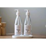 JUNIBELIW 3lü Set Beyaz Suya Dayanıklı Etiket Cam Şişe Bulaşık Deterjanlık Sıvı Sabun 2X330ML+BEYAZ Altlık BOŞ