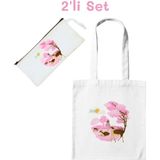 junobi Bez Çanta + Kalemlik Kiraz Çiçeği Seti (Sakura Set)-2'li Avantaj Seti