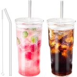 JunVpic Pipetli ve Kapaklı Cam Bardak, 20 oz Şeffaf Buzlu Kahve Bardağı, Buzlu Su, Meyve Suyu, Çay, Süt, Smoothie ve Soğuk veya Sıcak İçecekler için, 2'li Set