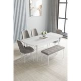 Jusie Beyaz 80X132 Açılabilir Yemek Odası Takımı 4 Sandalye, 1 Bench - Gri