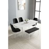 Jusie Beyaz 80x132 Açılabilir Yemek Odası Takımı 4 Sandalye, 1 Bench Siyah