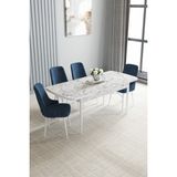 Jusie Beyaz Mermer Desen 80X132 Açılabilir Yemek Odası Takımı 4 Adet Sandalye - Lacivert
