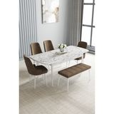 Jusie Beyaz Mermer Desen 80X132 Açılabilir Yemek Odası Takımı 4 Sandalye, 1 Bench - Kahverengi