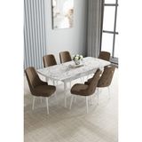 Jusie Beyaz Mermer Desen 80X132 Açılabilir Yemek Odası Takımı 6 Adet Sandalye - Kahverengi