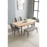 Jusie Meşe Desen 80X132 Açılabilir Yemek Odası Takımı 4 Sandalye, 1 Bench - Gri