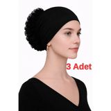 Jusmart 3 Adet Siyah Pamuklu Dikişsiz Fırfırlı Topuz Bonesi ◆ Kaymayan Yapı ◆ Nefes Alabilen Kumaş ◆Tesettür