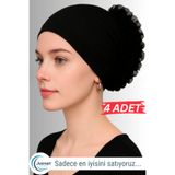 Jusmart 4 Adet Siyah ◇ Pamuklu Fırfırlı Bone ◇ Silikonlu Kaymayan Dikişsiz Topuz Bonesi ◇ Günlük Tesettür