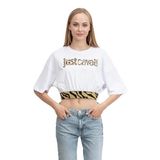 Just Cavalli Kadın Bisiklet Yaka T-Shirt, Beyaz/Altın, S Beden