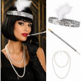 Just Cheap Store 1920&AMP;APOS;LER Gatsby Gümüş Parti Seti - Çarliston Saç Bandı, Inci Kolye ve Sigara Tutacağı (4741) - Antrasit