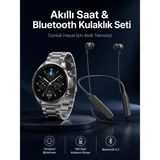 Just Cheap Store Alarm ve Titreşim Özellikli Akıllı Saat ve Mikrofonlu Kablolu Bluetooth Kulaklık 60 Saat - Ahşap - Bej - 37 mm