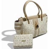 Just Polo Kadın El & Omuz Çantası Gold Detaylı Özel Tasarım Çanta + Uyumlu Cüzdan Seti 22X28 cm - Tek Ebat - Krem