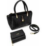 Just Polo Kadın Lüks El & Omuz Çantası Gold Detaylı Özel Tasarım Çanta ve Uyumlu Cüzdan 22X28 cm - Tek Ebat - Siyah