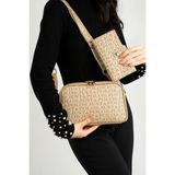 Just Polo Kadın Orta Boy Baskılı Şık Omuz Çantası ve Cüzdanı Kombin Shopper K232053MH - Bej