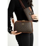 Just Polo Kadın Orta Boy Baskılı Şık Omuz Çantası ve Cüzdanı Kombin Shopper K232053MH - Kahve - Taba