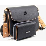 Just Polo Kadın Taba Baskı Desenli Kolon Askılı 3 Bölmeli Omuz Çantası ve Cüzdan Kombini MDS2184-1002 - Siyah - Taba