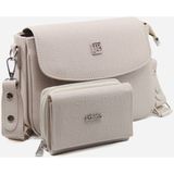 Just Polo Kadın Taba Baskı Desenli Kolon Askılı 3 Bölmeli Omuz Çantası ve Cüzdan Kombini MDS2184-1002 - Taş