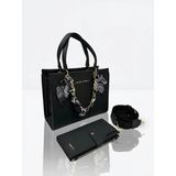 Just Polo Lüks Tasarım Gold Zincirli Şal Detaylı Şık El & Omuz Çantası ve Cüzdanı Kombin Shopper Ebat: 20 x 25 cm